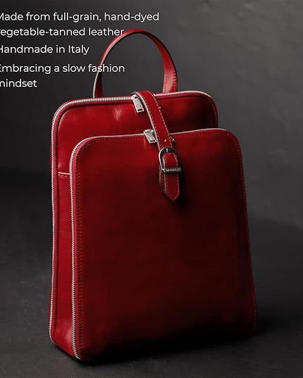 Time Resistance Leather Backpack - Convertible to Shoulder Bag - Full Grain Real Leather Travel Rucksack for Women (Red)