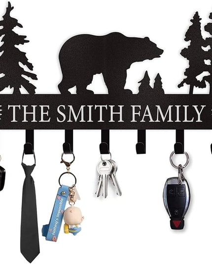 Dyoart Personalized Key Holder for Wall, Custom Metal Black Bear Coat Hook Key Holder with Name, Metal Key Rack Hanger Organizer for Entryway, Front Door, Hallway, Kitchen, Office Decor