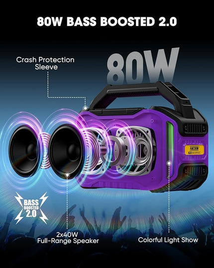 Speakers Bluetooth Wireless: 80W(Peak) Loud Speaker with Bass, 20H Playtime, IPX6 Waterproof, Large Jobsite Speakers for Work, Outdoor, Workshop, Garage, Portable Speaker with TWS (Purple)