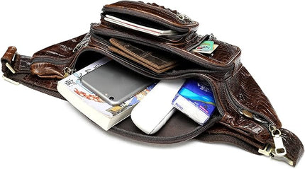 Genuine Leather Fanny Pack large capacity Crossbody Waist Bag with Zipper phone Pockets crocodile coffee