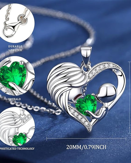 FANCIME Mom Birthstone Necklace Mother and Child Love Heart Necklace I Love You Mom Gifts Mothers Day Birthstone Jewelry Gifts for Grandmother Women Wife, 16"+2" Inches