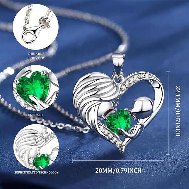 FANCIME Mom Birthstone Necklace Mother and Child Love Heart Necklace I Love You Mom Gifts Mothers Day Birthstone Jewelry Gifts for Grandmother Women Wife, 16"+2" Inches