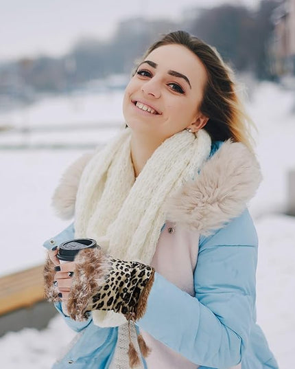 SATINIOR Women Fur Fingerless Gloves Winter Rabbit Fur Lined Half Finger Mittens for Women Girls Teen Working Writing