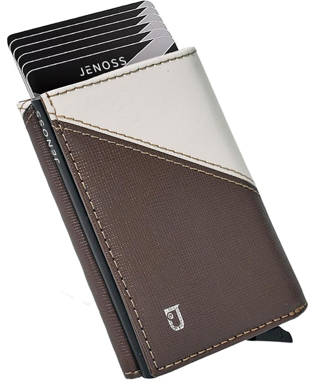 Jenoss Smart Wallet For Men: Full Grain Leather, Handcrafted, Slide Metal Pop Up Case, Slim RFID Blocking Credit Card Holder, Compact 12 Cards Slot Organizers, ID, Money Clip (Brown & Cream)