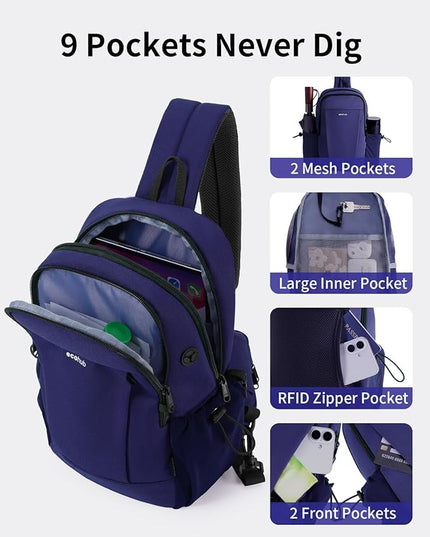 ECOHUB Anti-Theft Crossbody Bag Men Women, RFID Blocking Lightweight Sling Backpack Eco-Friendly with 9 Pockets Sturdy SBS Zippers Water Resistant for Travel Work Hiking Outdoor, Blue