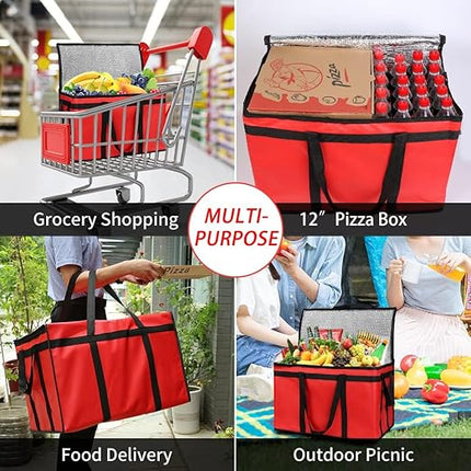 CIVJET Insulated Food Delivery Bag with Hard Bottom, XXX-Large Insulated Reusable Grocery Cooler/Hot Bags, Tote Bag for Shopping/Travel, Red, 3-Pack