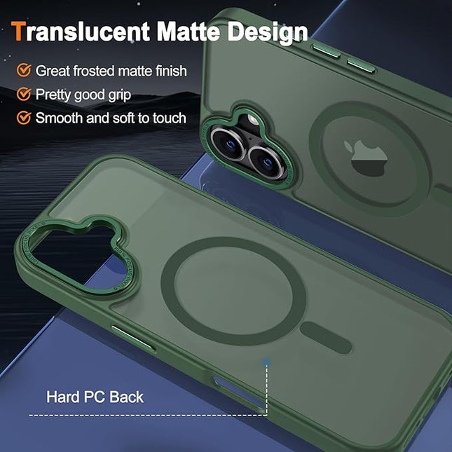 Hython Case for iPhone 16 Plus Case Magnetic Translucent Matte Phone Cases 6.7" [Compatible with MagSafe] Thin Slim Fit Shockproof Bumper Hard Protective Cover for Women Men Girls, Dark Green
