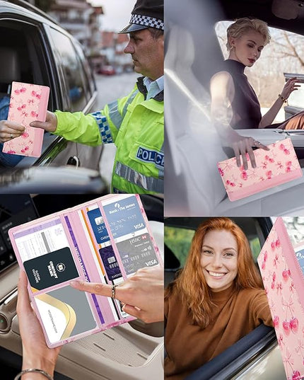 Car Registration and Insurance Holder with Magnetic Closure, Universal Document Organizer for License, Insurance Cards & Glove Box Storage (Cherry-Pink)