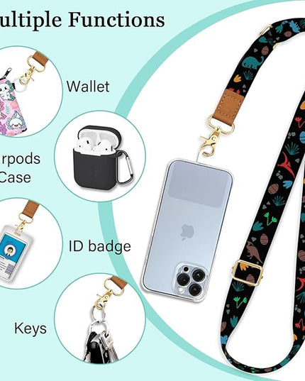 Phone Lanyard Crossbody Wrist Strap, Cute Dinosaur Cell Phone Lanyards for Around the Neck Wristlet Shoulder, Adjustable Strap for Car Keys Keychain Wallet ID Badge Black