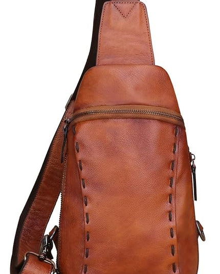 LRTO Genuine Leather Silng Bag for Women and Men Vintage Real Leather Sling Backpack Shoulder Crossbody Bag Chest Purse