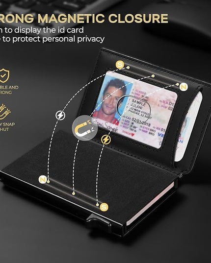 RUNBOX Slim Card Wallet for Men with ID Window – Minimalist RFID Wallet, Pop-Up Function, Ultra Thin Design, Metal Business Card Case Holds 8+ Cards, Gifts for Men, Men's Accessories