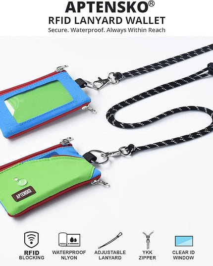 RFID Travel Wallet with Adjustable Lanyard-Zipper Small Wallet with ID Card Holder, Keychain for women&men-Minimalist Slim Waterproof Nylon case for ID, Cash, Key (Green+SkyBlue)