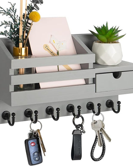 FifthQuarter Key and Mail Holder for Wall, Mail Organizer Wall Mount with 6 Hooks and Storage Drawer, Easy Installation Key Rack for Entryway and Home Decor (A-Grey)