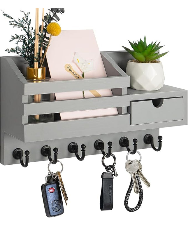 FifthQuarter Key and Mail Holder for Wall, Mail Organizer Wall Mount with 6 Hooks and Storage Drawer, Easy Installation Key Rack for Entryway and Home Decor (A-Grey)
