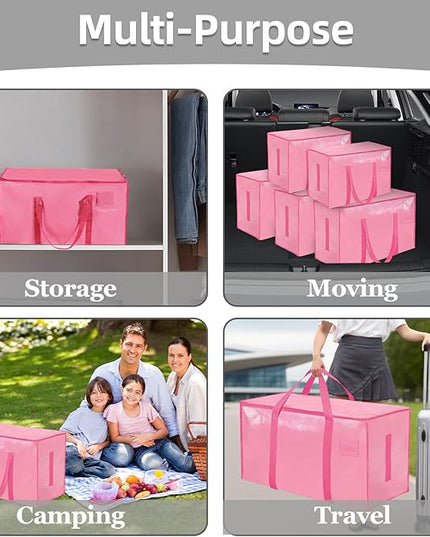 6 Pack-Extra Large Heavy Duty Moving Bags - Waterproof Storage Totes with Handles & Zippers, Foldable for College Dorm, Storage (Pink)