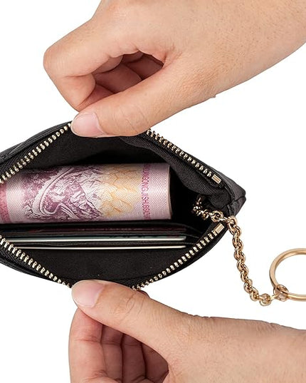 DORIS&JACKY Soft Lambskin Leather Coin Purse Small Quilted RFID Blocking Top Zipper Wallet With Key Chain