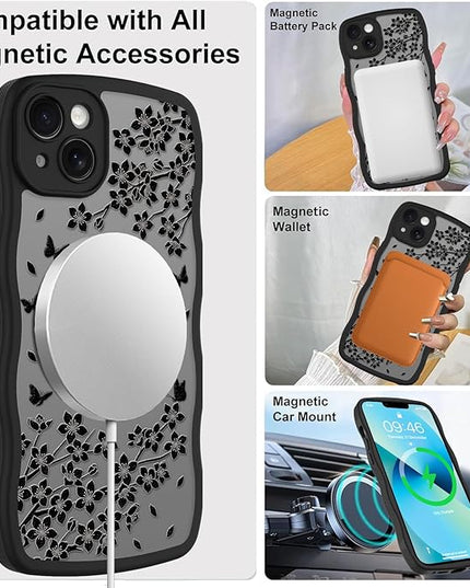 Wavy Case for iPhone 13 Case with Stand [Compatible with MagSafe] Cute Black Cat & Floral & Butterflies Pattern Design, Kawaii 360 Magnetic Ring Kickstand Phone Cover for Women Girls