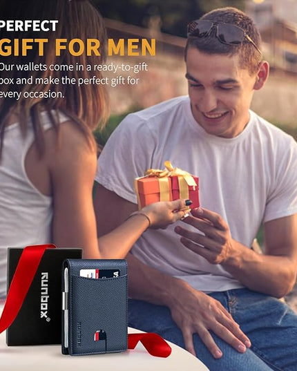 RUNBOX Slim Money Clip Wallets for Men RFID Blocking 11 Card Holder Minimalist Small Leather Bifold Men's Front Pocket Wallet Gift Box