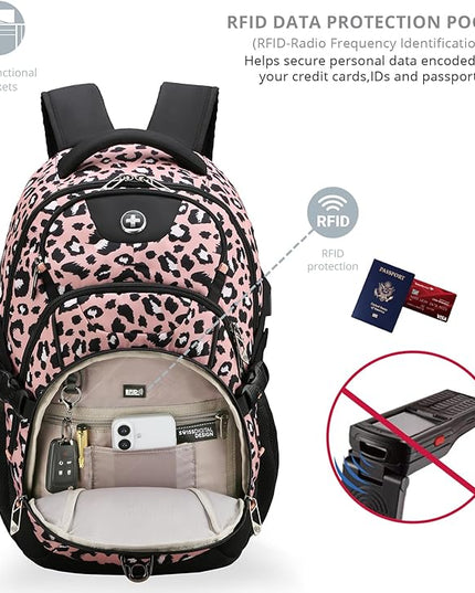 Swissdigital Laptop Backpack with USB Charging Port, Travel Backpack Fits 15.6 inches Computer, 31L Backpack for Women, Pink Leopard | SD803-102