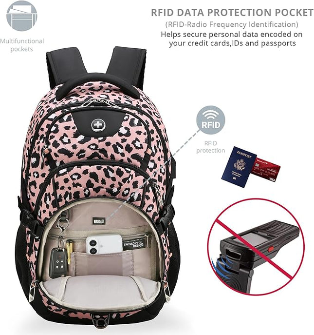 Swissdigital Laptop Backpack with USB Charging Port, Travel Backpack Fits 15.6 inches Computer, 31L Backpack for Women, Pink Leopard | SD803-102