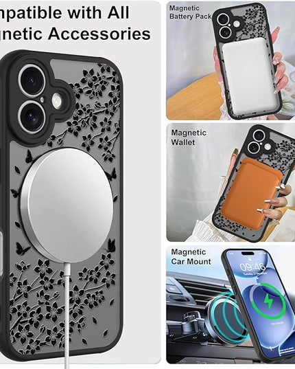 Cute Case for iPhone 17 Case with Stand [ Compatible with MagSafe ] Kawaii Black Cat & Floral & Butterflies Pattern Design 360 Magnetic Ring Kickstand Phone Cover for Women Girls Boys