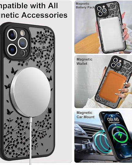 Cute Case for iPhone 12 Pro Max Case with Stand [ Compatible with MagSafe ] Kawaii Black Cat & Floral & Butterflies Pattern Design 360 Magnetic Ring Kickstand Phone Cover for Women Girls Boys
