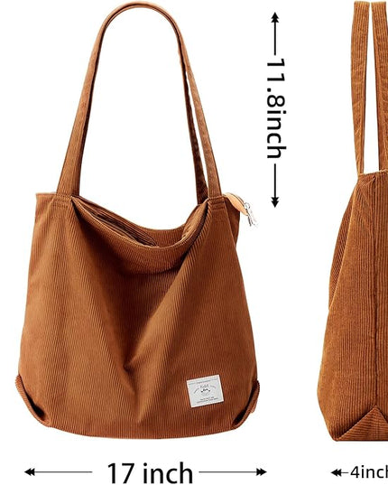 KALIDI Women Corduroy Tote Bag Zipper Casual Tote's Handbag Big Capacity Shoulder Bag with Pockets