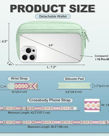 Clip and Go Strap for Phone with Wallet Crossbody, Adjustable Phone Lanyard with Detachable RFID Wristlet Wallet, Pattern Strap - Green (L)