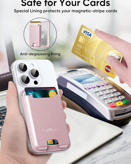 TopMade Phone Card Holder, Premium Leather Phone Wallet Stick on, Stronger 3M Adhesive Credit Card Holder for Back of Phone Case, iPhone, Samsung, and Android, RFID Blocking, Fit 4 Cards, Rose Gold