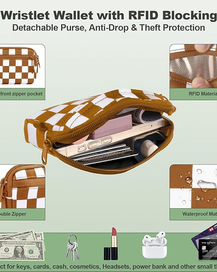 Clip and Go Strap for Phone with Wallet Crossbody, Adjustable Phone Lanyard with Detachable RFID Wristlet Wallet, Phone Strap with Phone Tabs for All Phones, Bronze Checkered (M)