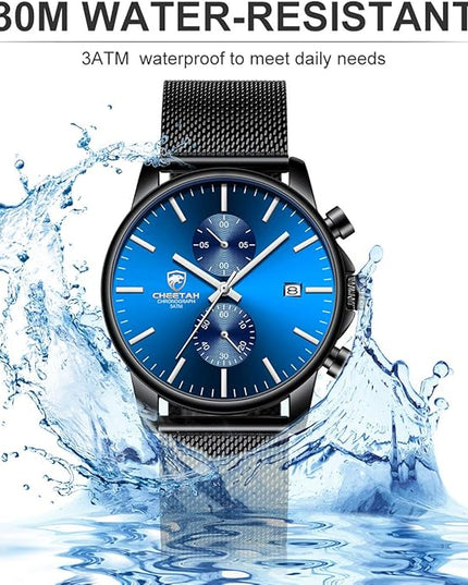 GOLDEN HOUR Mens Watch Fashion Sleek Minimalist Quartz Analog Mesh Stainless Steel Waterproof Chronograph Watches for Men with Auto Date