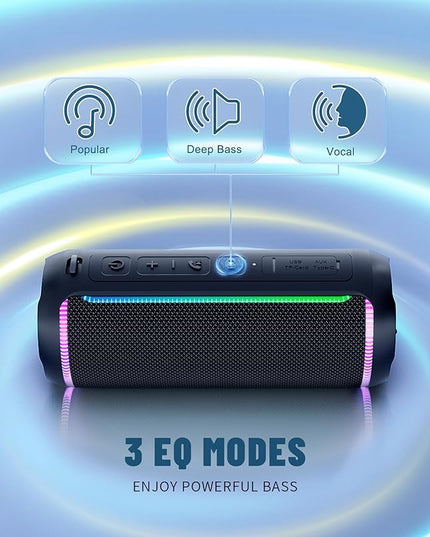 Ortizan Portable Bluetooth Speaker, 40W Loud Sound and Deep Bass, IPX7 Waterproof, True Wireless Stereo, Bluetooth 5.3, Colorful Flashing Lights, Preset EQ, USB Play, for Home, Outdoor, Party, Black