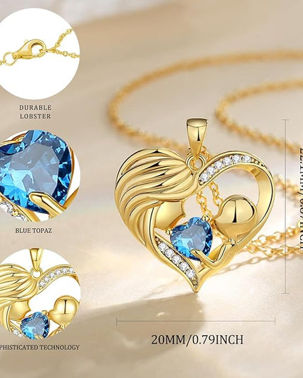 FANCIME Mom Birthstone Necklace Mother and Child Love Heart Necklace I Love You Mom Gifts Mothers Day Birthstone Jewelry Gifts for Grandmother Women Wife, 16"+2" Inches