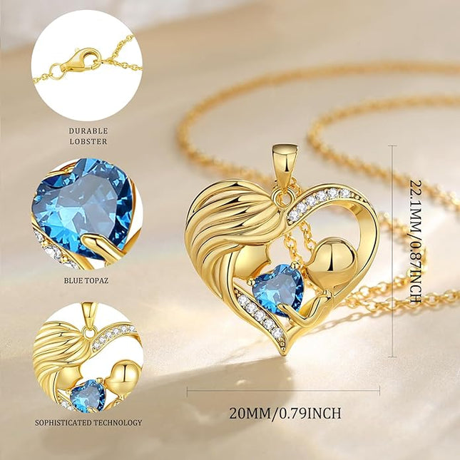 FANCIME Mom Birthstone Necklace Mother and Child Love Heart Necklace I Love You Mom Gifts Mothers Day Birthstone Jewelry Gifts for Grandmother Women Wife, 16"+2" Inches
