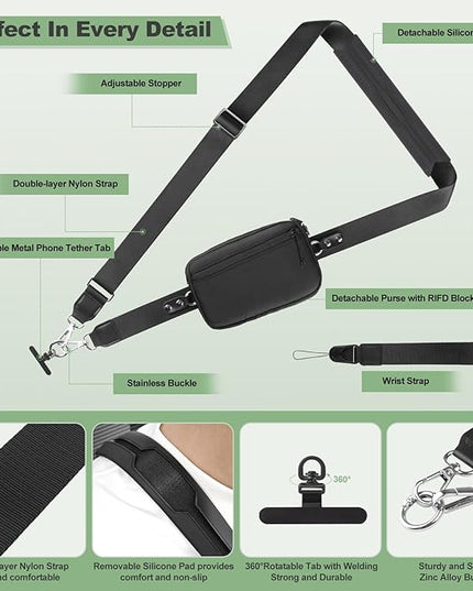 Clip and Go Strap for Phone with Wallet Crossbody, Adjustable Phone Lanyard with Detachable RFID Wristlet Wallet, Universal Phone Strap with 360° Rotatable Phone Tabs for All Phones (Black)