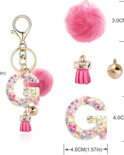Resin Alphabet Initial Letter Keychain Keyring for Women Purse Handbags With Fur Ball Pom