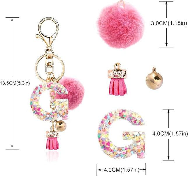 Resin Alphabet Initial Letter Keychain Keyring for Women Purse Handbags With Fur Ball Pom
