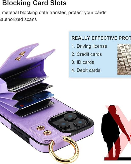 Folosu for iPhone 16 Pro Max Wallet Case with Card Holder, Hand Wrist Strap Loop Holder Kickstand, RFID Blocking Finger Grip Ring PU Leather Double Buttons Shockproof Cover 6.9" Purple