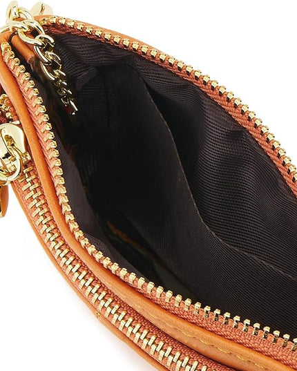 ZOOEASS Women PU Leather Zip Mini Coin Purse With Key Ring Triple Zipper Card Holder Wallet (Orange)