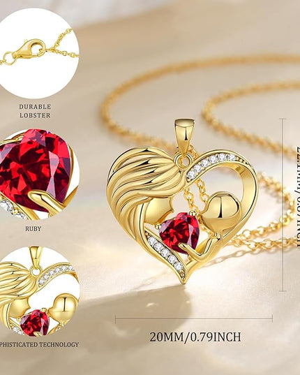 FANCIME Mom Birthstone Necklace Mother and Child Love Heart Necklace I Love You Mom Gifts Mothers Day Birthstone Jewelry Gifts for Grandmother Women Wife, 16"+2" Inches
