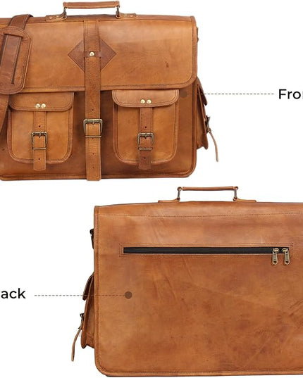 Vintage Leather Laptop Bag for Men Full Grain Large Leather Messenger bag for men 18 inches with rustic look Brown briefcase (Tan)