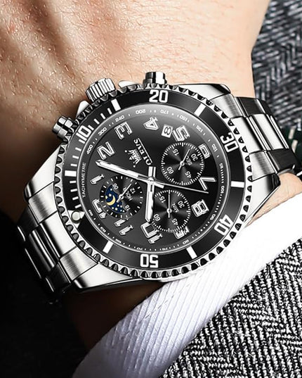 OLEVS Mens Watches Chronograph Watch Luxury Dress Stainless Steel Waterproof Watches for Men Moon Phase Luminous Business Calendar Wrist Watch Blue/Black/Green/Gold/Face