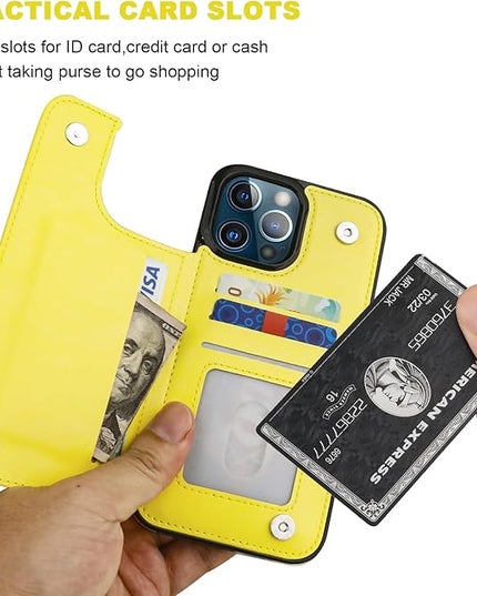 ONETOP Compatible with iPhone 13 Pro Max Wallet Case with Card Holder,PU Leather Kickstand Card Slots Case, Double Magnetic Clasp and Durable Shockproof Cover 6.7 Inch(Yellow)