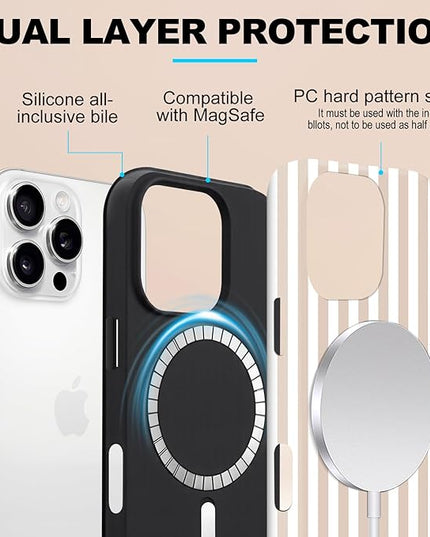 Magnetic for iPhone 16 Case Cute Stripes Phone Case, Shockproof Slim TPU and Hard PC Protective Phone Cover Compatible with MagSafe Designed for Women Girls, Apricot