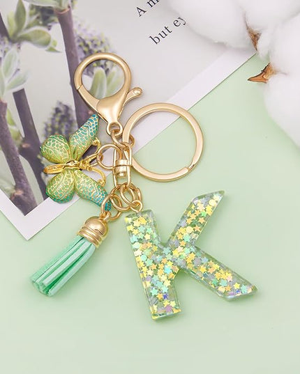 Fashion Alphabet Initial Letter Keychain Tassel Butterfly Pendant Key Ring for Purse Handbags Women Girl
