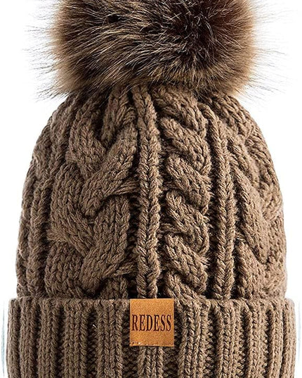 REDESS Women Winter Pompom Beanie Hat with Warm Fleece Lined, Thick Slouchy Snow Knit Skull Ski Cap