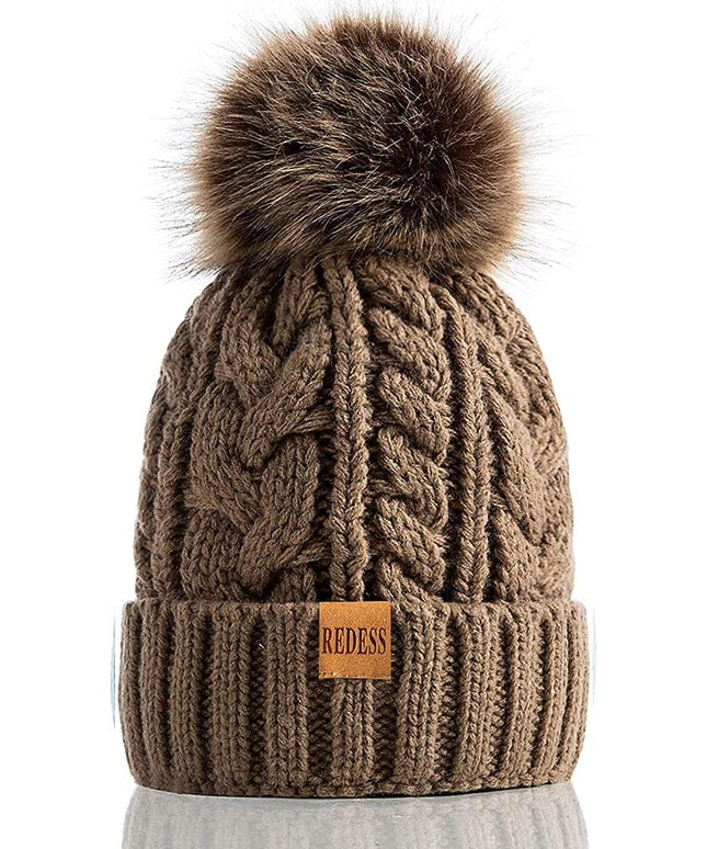 REDESS Women Winter Pompom Beanie Hat with Warm Fleece Lined, Thick Slouchy Snow Knit Skull Ski Cap