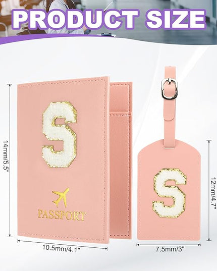 PATIKIL Passport Holder for Travel, Initial Passport Cover and Luggage Tag Set with Alphabet Chenille Letter Patch Travel Wallet Bag Suitcase Identifier for Women Family Travel Pink S