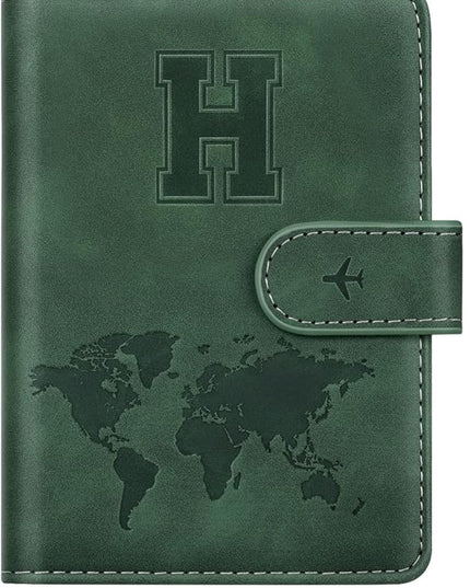 Personalized H Passport Holder Cover Initial Letter Travel Wallet RFID Blocking Passport Cover Credit Card Holder Case Passport Book Holders for Women and Men, Pine Green-H