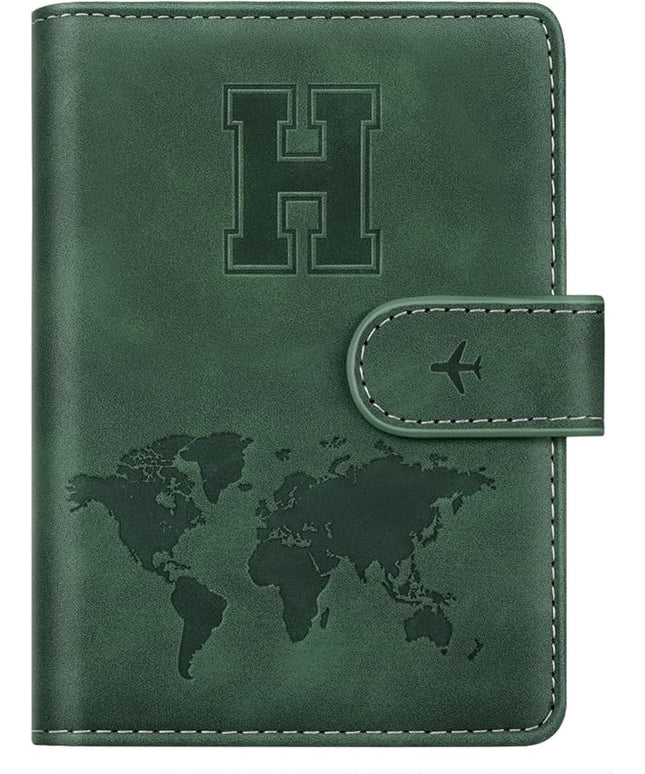 Personalized H Passport Holder Cover Initial Letter Travel Wallet RFID Blocking Passport Cover Credit Card Holder Case Passport Book Holders for Women and Men, Pine Green-H